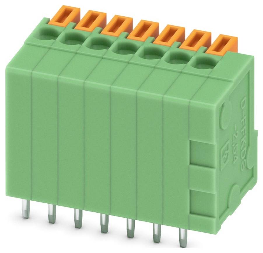 Ein grünes und oranges Elektroklemmenblock mit mehreren Anschllusspunkten, der zum Verdrahten in elektrischen Systemen verwendet wird.