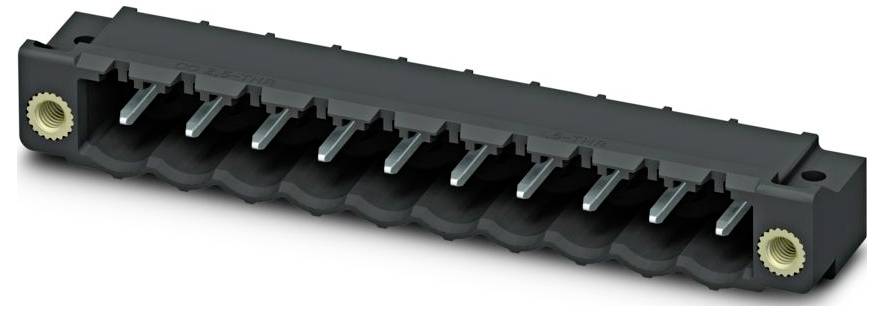 Ein schwarzer Elektrostecker mit mehreren metallischen Kontakten und Befestigungszangen an beiden Enden, verwendet zum Verbinden von Leiterplatten.