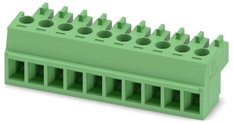 Ein grüner Terminalblock mit zehn Anschlüssen, entwickelt für die elektrische Verdrahtung; typischerweise in Leiterplattenanwendungen verwendet.