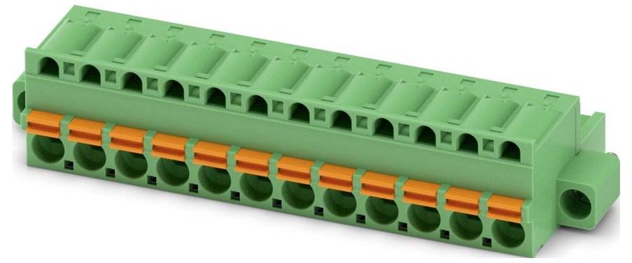 Ein grüner, zweistöckiger elektronischer Klemmblock mit mehreren Anschlussplätzen, der zur Montage auf Leiterplatten zum Verbinden von Drähten verwendet wird.