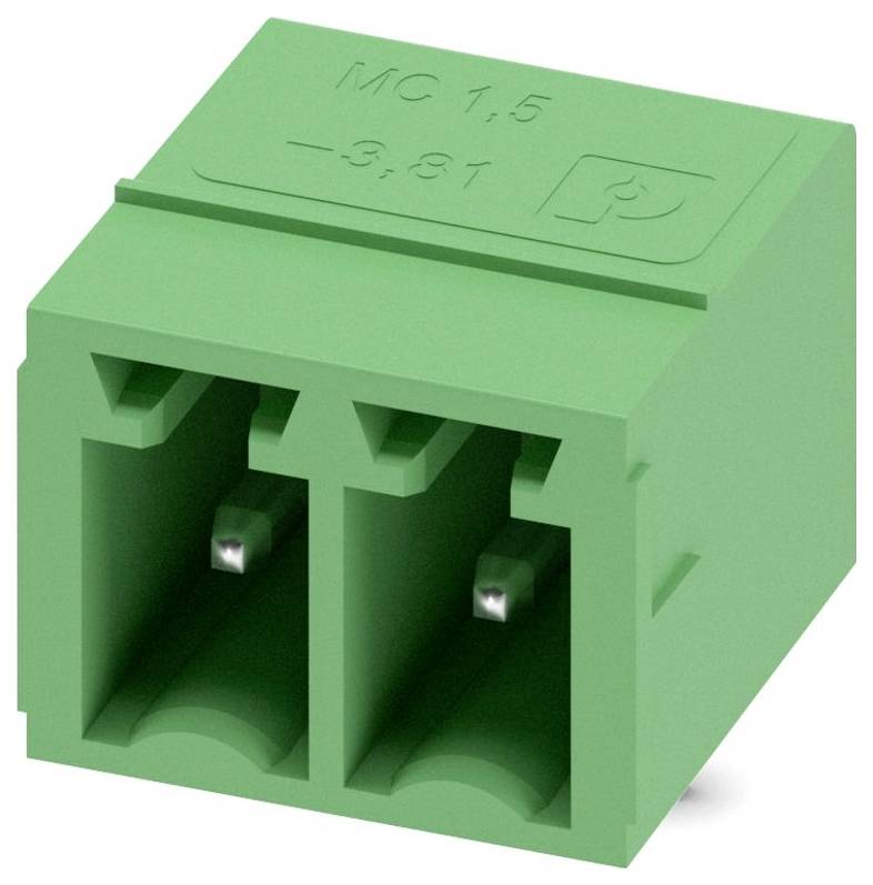 Grüner Klemmleistenverbinder mit zwei Anschlüssen, gekennzeichnet als MC 1.5 -3.81.