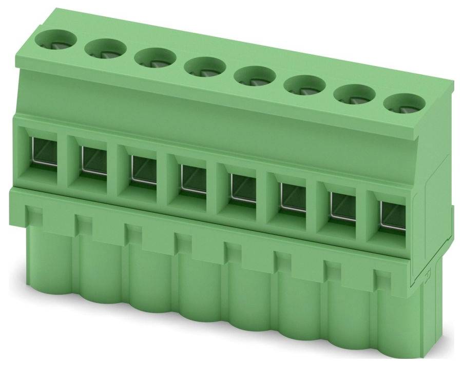 Ein grünes Kunststoff-Klemmleistenblock mit mehreren Steckplätzen für elektrische Verbindungen, das in elektronischen Anwendungen und Verdrahtungsprojekten verwendet wird.