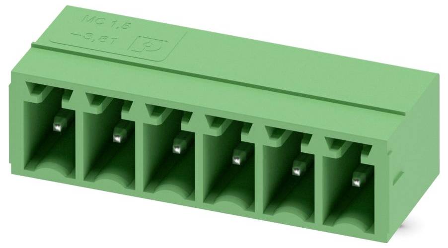 Ein grüner sechsfach-Anschlussklemmen-Block, gekennzeichnet als 'MC 1.5 - 3.81', entworfen für sichere elektrische Verbindungen in elektronischen Baugruppen.