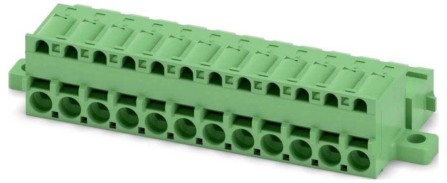 A green terminal block connector with multiple slots, used for wiring systems, shown from a slight angle to display its ports and design.