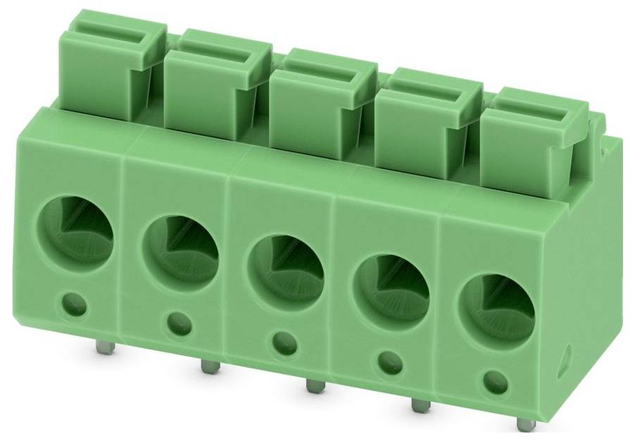 Ein grünes fünfpoliges Drahtleistenterminal mit Schraubenlöchern für elektrische Verbindungen, typischerweise in Leiterplattenanwendungen verwendet.