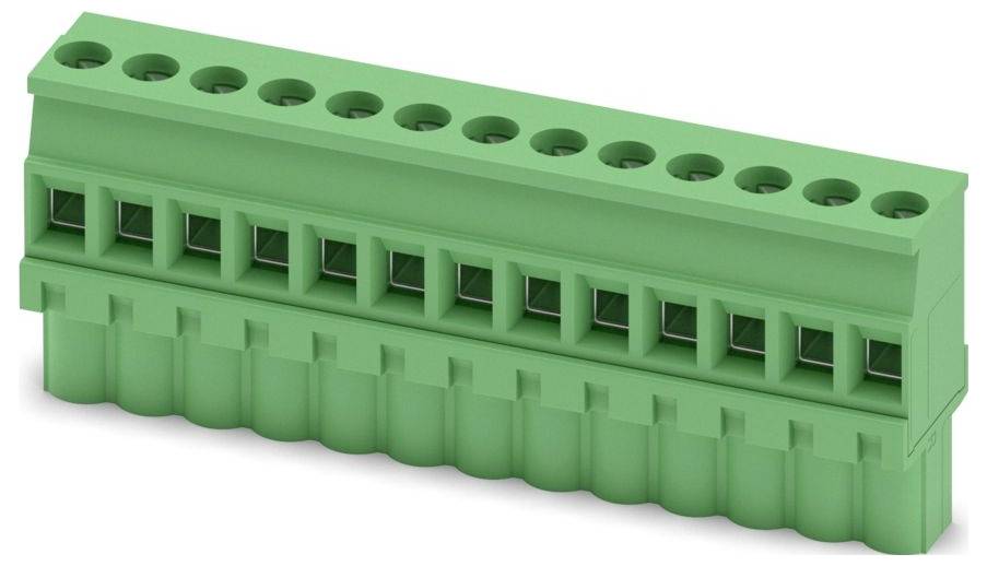 Grüner Klemmenblock-Stecker mit mehreren Stiftplätzen für elektrische Verbindungen.