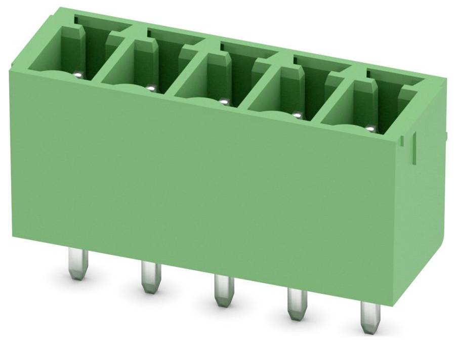 Ein 3D-Rendering eines schwarzen Fünf-Platz-Klemmenblock-Steckers für Elektroinstallationen, dargestellt aus einer schrägwinkligen Draufsicht.