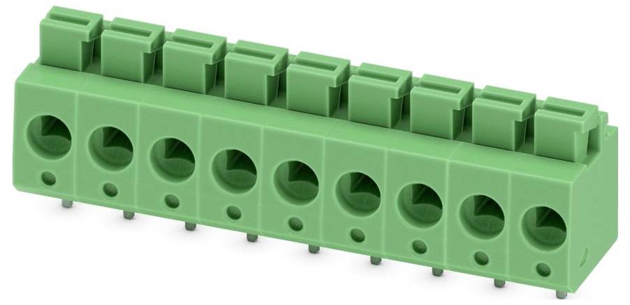 Ein schwarzer L-förmiger elektrischer Stecker mit mehreren Schlitzen, entwickelt für die Verwendung auf Leiterplatten.