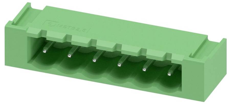 Ein grüner elektrischer Klemmblock mit mehreren Schlitzen und Metallverbindern zum Verbinden von Drähten, von der Seite fotografiert.