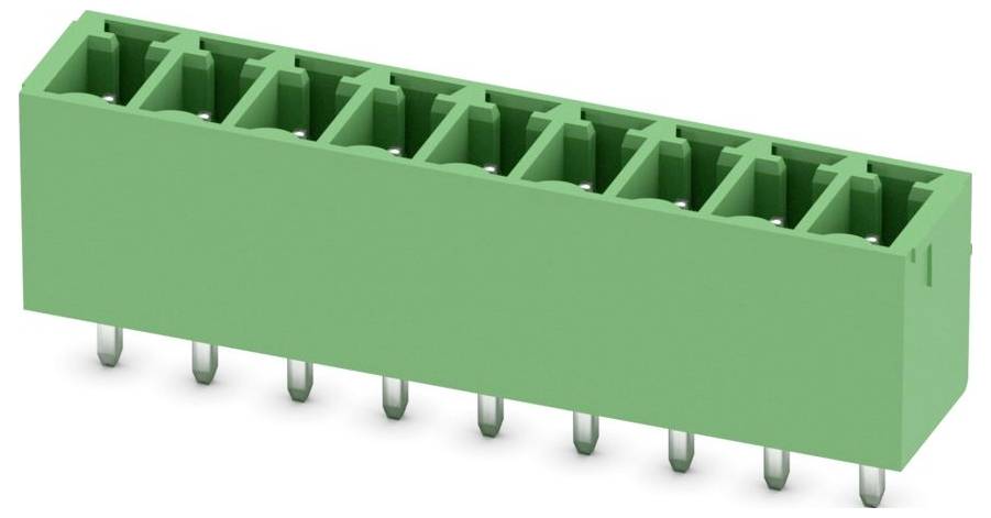 Ein grüner 10-pol Buchsenleisten-Steckverbinder mit Durchsteckmontage-Pins zur Befestigung auf Leiterplatten, verwendet für elektronische Schaltkreisverbindungen auf Platinen.