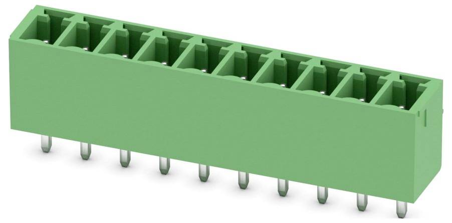Ein grüner Terminalblock mit acht Anschlüssen und orangefarbenen Verriegelungshebeln an jedem Ende.