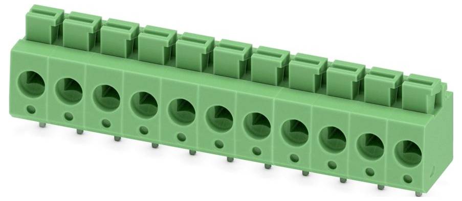 Grüner Klemmenblock mit zehn Anschlußpunkten für elektrische Verdrahtung, entwickelt für sichere Befestigung auf einer Leiterplatte.