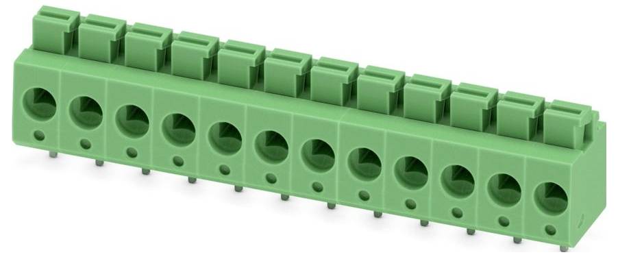 Ein grüner, rechteckiger Stecker mit neun Metallstiften, üblicherweise für elektronische Leiterplatten verwendet, ruhend auf einer weißen Oberfläche.