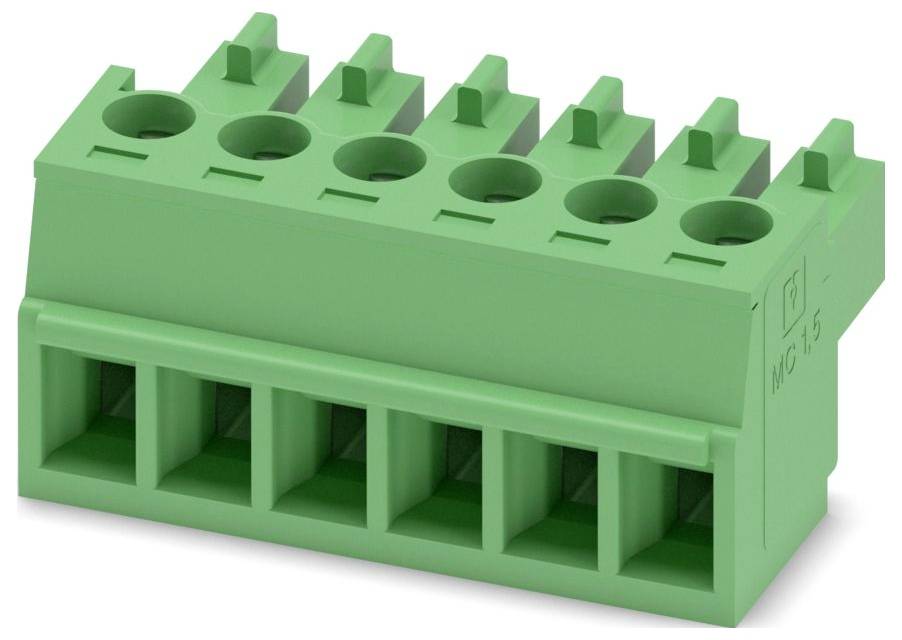 Ein grünes Elektrikklemmleistenblock mit sechs Schlitzen für Drahtverbindungen, das zum Sichern und Organisieren von Elektrokabeln verwendet wird.