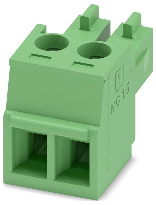 Ein schwarzer, rechteckiger Elektrostecker mit drei Metallstiften und zwei Metallclips an den Seiten, der zum sicheren Verbinden von Kabeln verwendet wird.