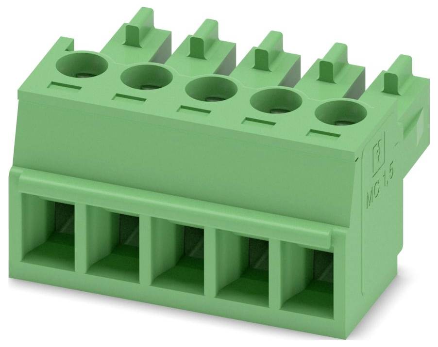 A green 5-pin screw terminal block used for electrical connections, featuring a compact design with slots for wire insertion and securing screws.