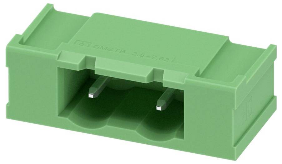 Grüner Klemmenblock mit zwei roten Verriegelungsklammern, mit mehreren nach unten gerichteten Stiften für elektrische Verbindungen.