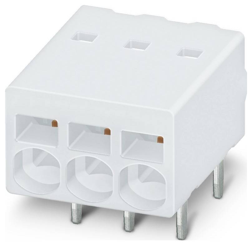 Nahaufnahme eines weißen Elektro-Klemmblocks mit drei Anschlussanschlüssen und vier Metallstiften zur Leiterplattenmontage.