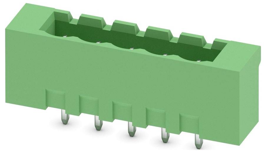 Ein grüner rechteckiger Kunststoffstecker mit fünf Metallstiften, typischerweise für elektronische Schaltungsverbindungen verwendet.