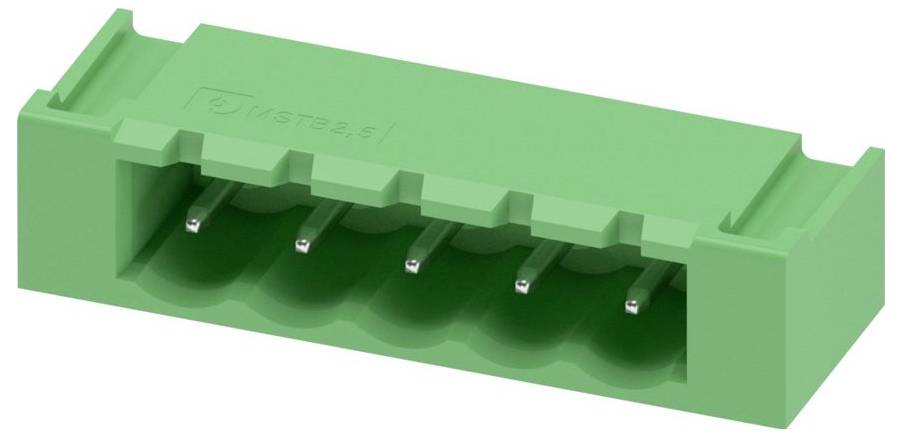 Ein grüner elektronischer 5-Pin-Stecker mit Metallkontakten, der für Leiterplatttenverbindungen verwendet wird.