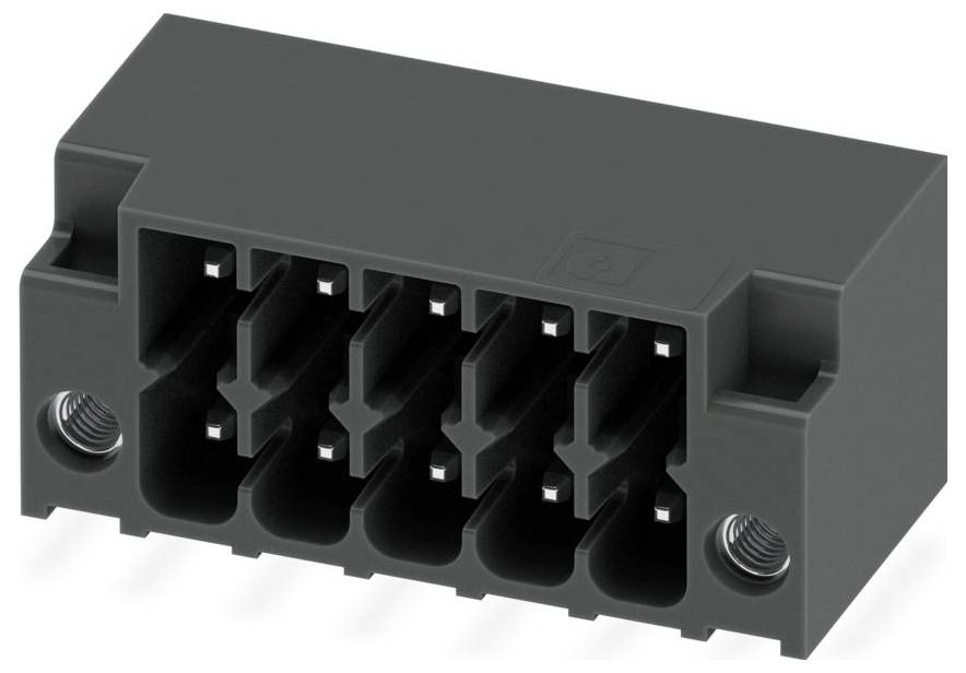 Ein schwarzer elektrischer Stecker mit mehreren Schlitzen für Stifte, geeignet für industrielle oder elektronische Anwendungen.
