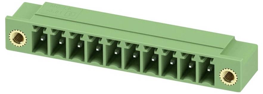 Ein grüner, rechteckiger Elektrostecker-Block mit 12 Schraubklemmenpositionen und je zwei vergoldeten Gewindeeinsätzen auf jeder Seite.