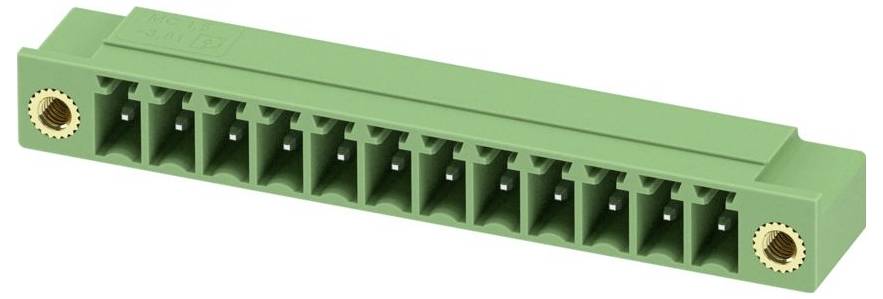 Ein grüner Klemmleistenverbinder mit 12 Schraubanschlüssen, konzipiert für elektrische Verdrahtungsverbindungen, mit zwei Metallschraubgewinden an jedem Ende.