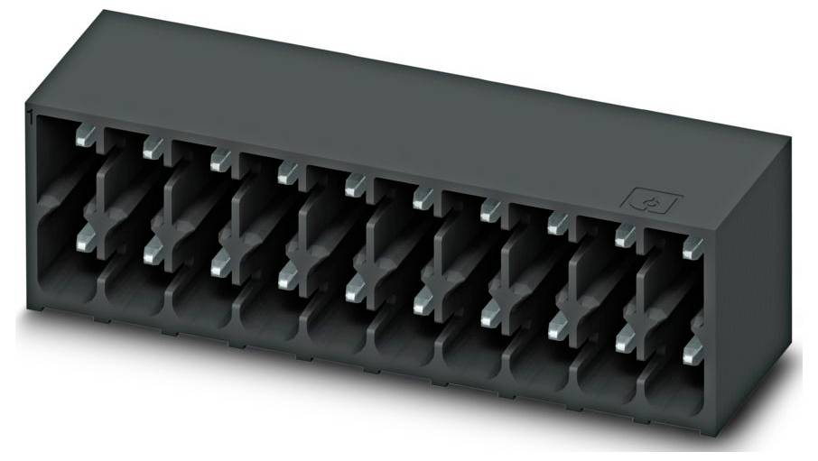 Ein schwarzer elektronischer Mehrfach-Stiftverbinder für Leiterplatten, mit zwei Reihen von Schlitzen für sichere Verdrahtungsverbindungen.