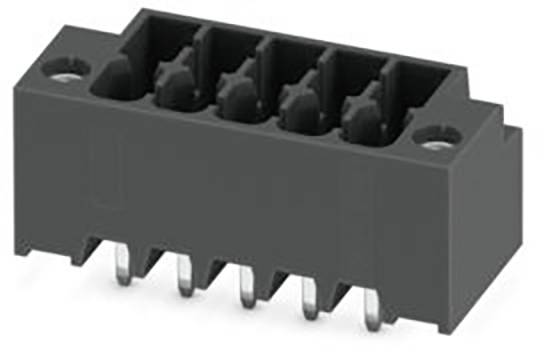 Ein schwarzer Elektrostecker mit mehreren Stiften zum Anschließen von Drähten, mit fünf Schlitzen und metallischen Kontakten an der Basis.