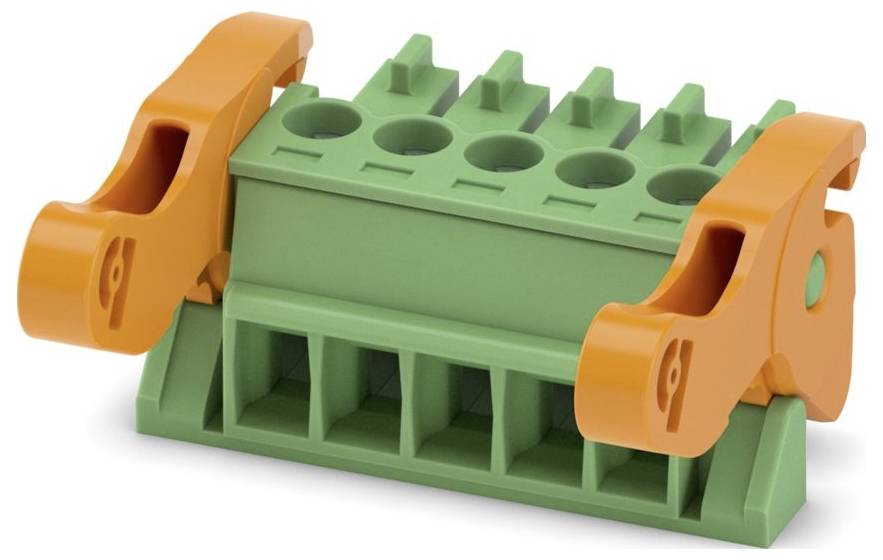 Grüner und orangefarbener Kunststoffblock mit Schlitzen und Klemmen, der einem kleinen Stecker oder einer Halterung ähnelt und wahrscheinlich für Montage- oder Bildungszwecke verwendet wird.