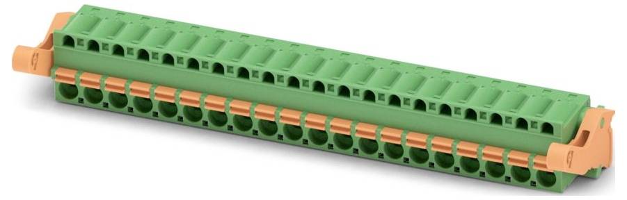 Ein grünes und oranges modulares Klemmleistenblock für elektrische Verbindungen, mit mehreren Schlitzen zum Verlegen von Leitungen, auf weißem Hintergrund.