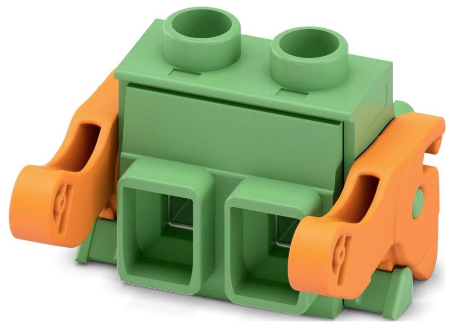 Ein grüner Kunststoffblock mit zwei kreisförmigen Anschlüssen oben und zwei orangefarbenen Clips an den Seiten, der einem Spielzeug oder Bauelement für Bildungszwecke ähnelt.