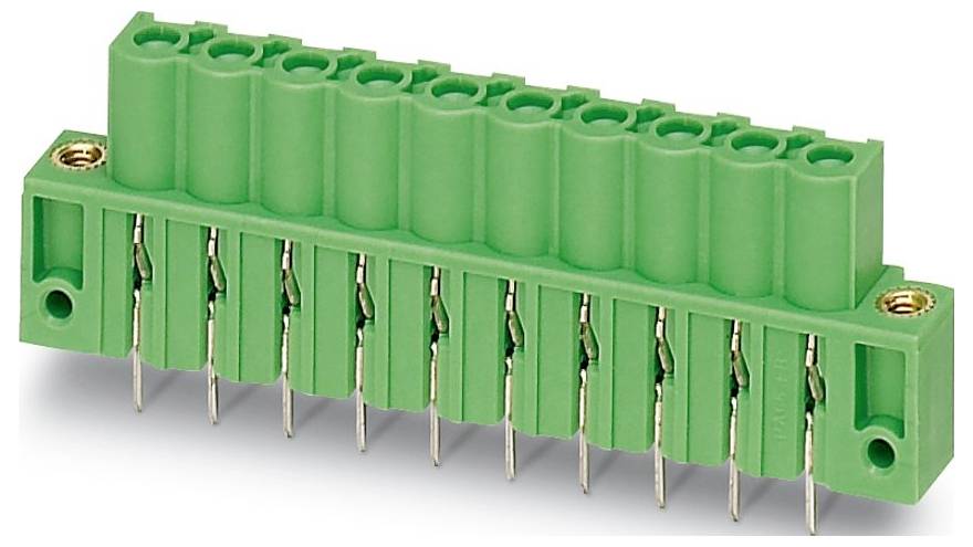 Ein grüner Klemmenleistenverbinder mit mehreren Stiften zur Verdrahtung elektronischer Schaltkreise.