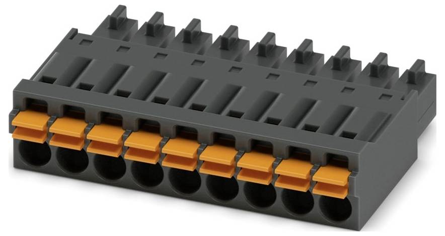 A black and orange terminal block connector with multiple slots, used for connecting electrical wires securely.