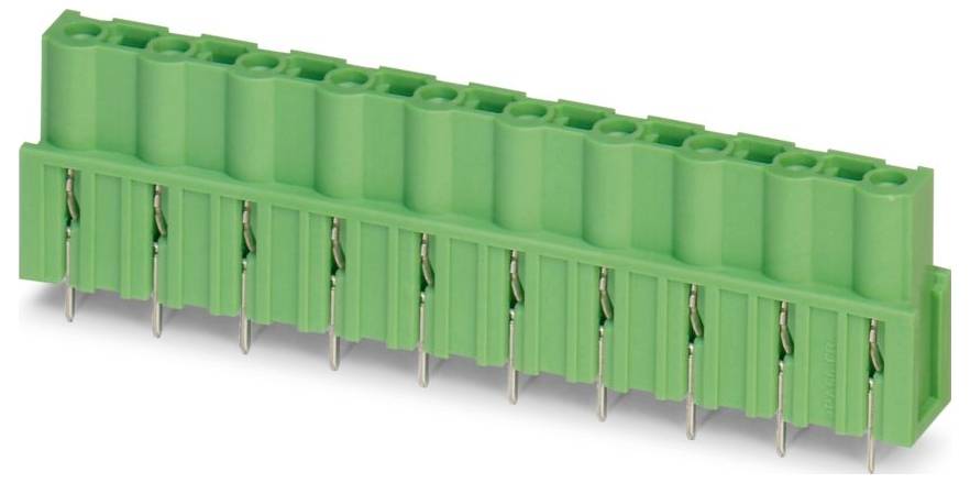 Ein grünes 12-Anschluss-Klemmblock mit Metallstiften für elektronische Verbindungen, häufig für Leiterplatten in der Elektrotechnik verwendet.