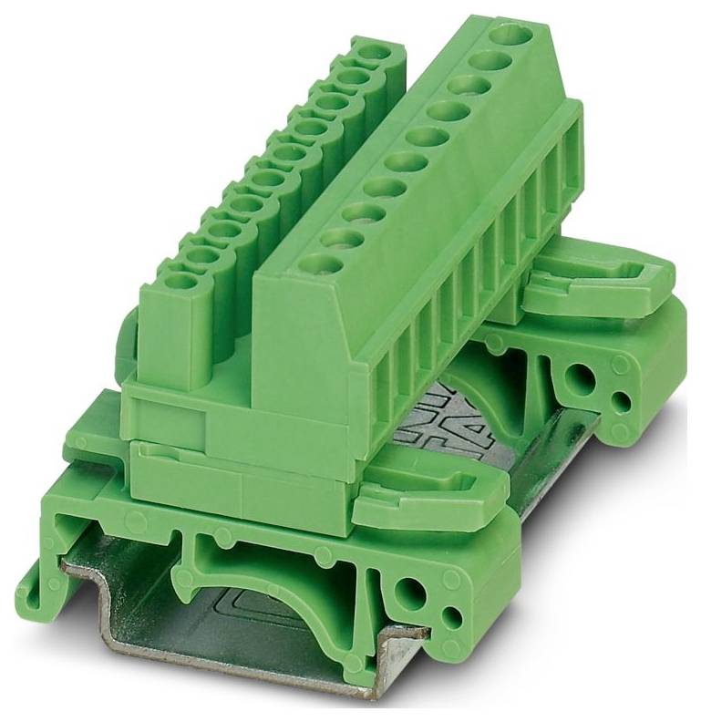 Ein grünes Klemmleistenmodul mit mehreren Schraubklemmen zum Befestigen elektrischer Leitungen, das für die Montage auf einer DIN-Schiene in Industrieanwendungen konzipiert ist.