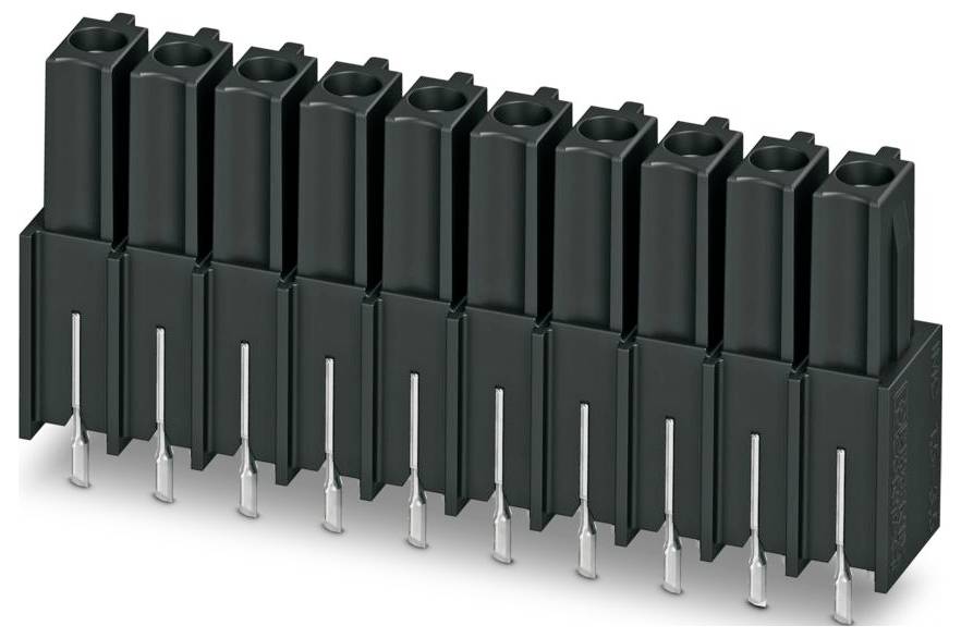 Ein schwarzer, 8-poliger Steckverbinder für Elektroklemmen mit silberfarbenen Metallstiften für Verdrahtungsverbindungen.