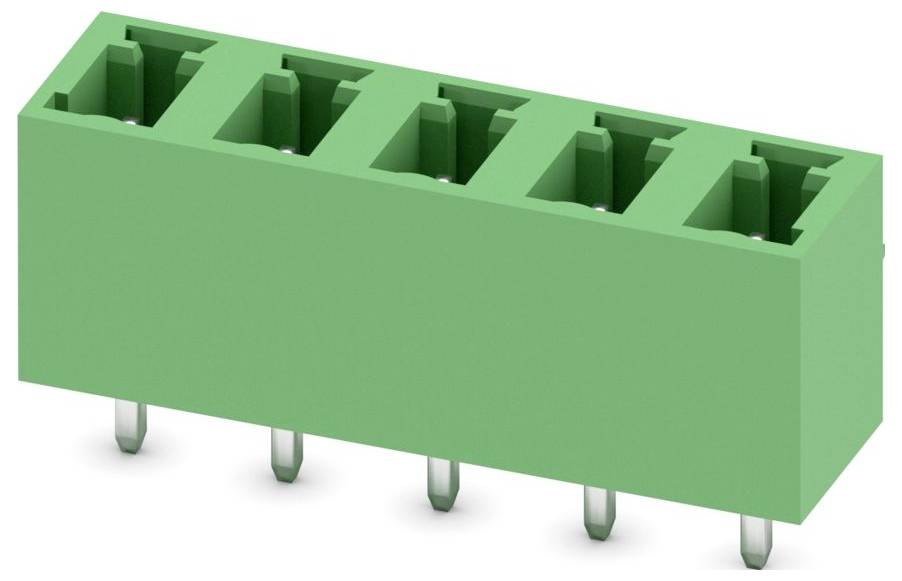 Ein grüner rechteckiger elektronischer Stecker mit sechs Metallstiften, die sich unten hervorstrecken, wird zum Verbinden von Schaltkreisen in elektronischen Geräten verwendet.