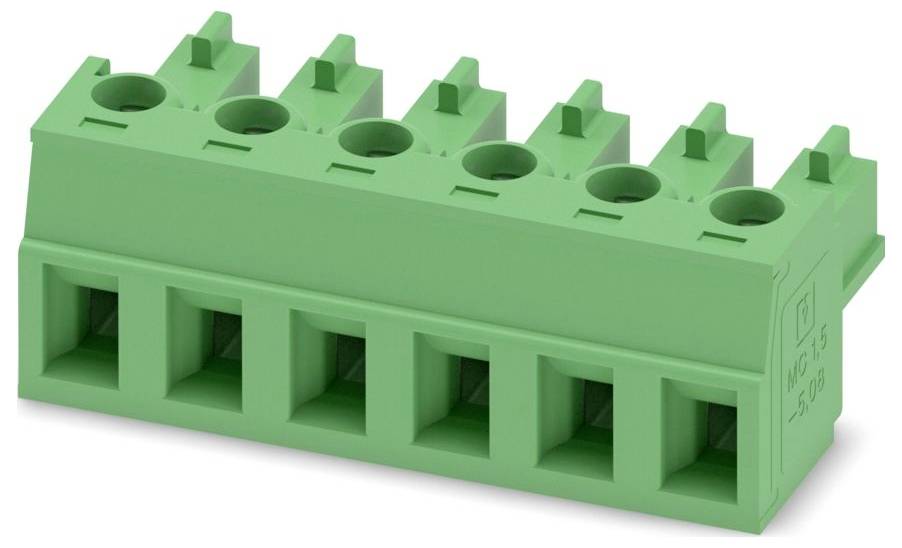 Ein grüner Leiterplattenanschlussblock-Stecker mit mehreren Kontakten.