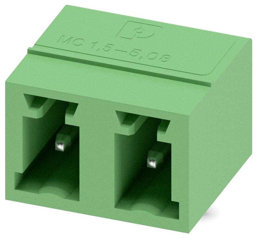 Ein grüner Schraubklemmen-Block mit zwei Anschlüssen und Befestigungslöchern, der zum sicheren Verbinden von elektrischen Drähten in elektronischen Geräten verwendet wird.