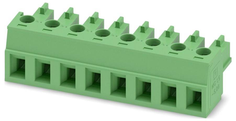 Ein grüner elektronischer Steckverbinder mit acht Schlitzen für die Drahteinführung, der für elektrische Verbindungen auf Leiterplatten verwendet wird.