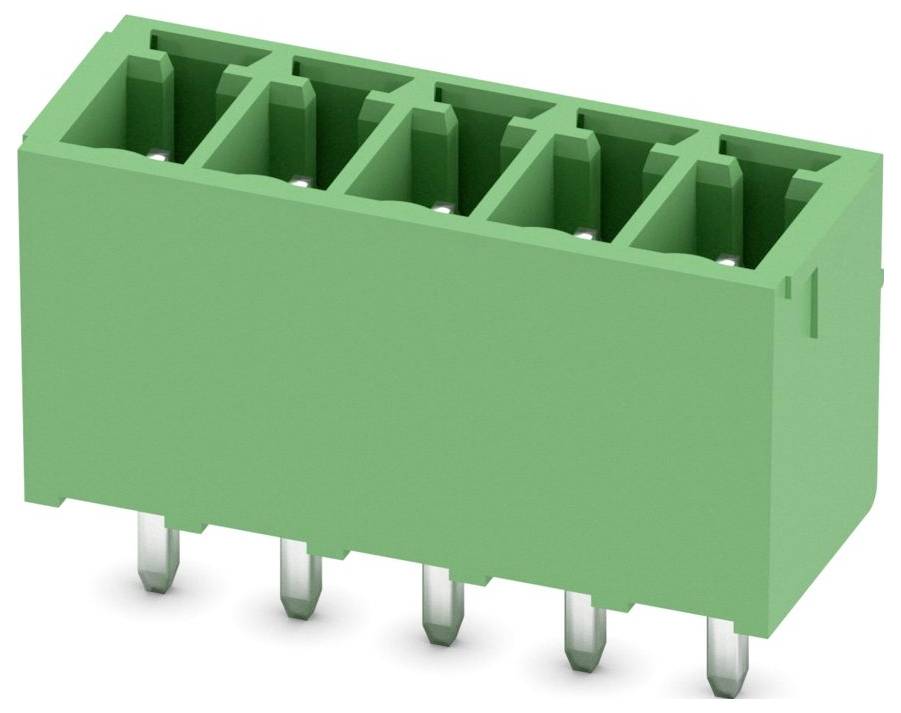 Ein grüner, rechteckiger elektronischer Stecker mit fünf Schlitzen und Metallkontakten an der Unterseite, der zum Verbinden von Schaltkreisen auf einer Leiterplatte verwendet wird.