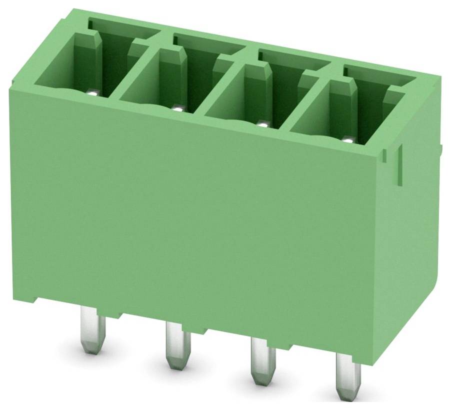 Ein grüner vierpoliger elektrischer Stecker mit Metallkontakten ist angewinkelt, um seine rechteckige Form und offene Schlitze für die Drahteinführung zu zeigen.