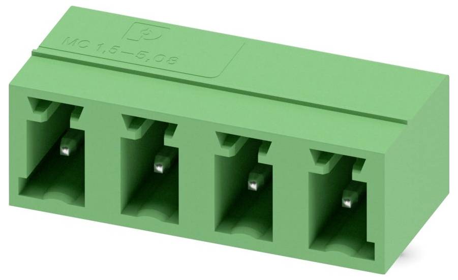 Ein grüner Vierpositionen-Klemmleistenverbinder zum Anschluss von Elektroleitungen mit einem Drahteinführungsdesign von oben und einer Montagelaschen.