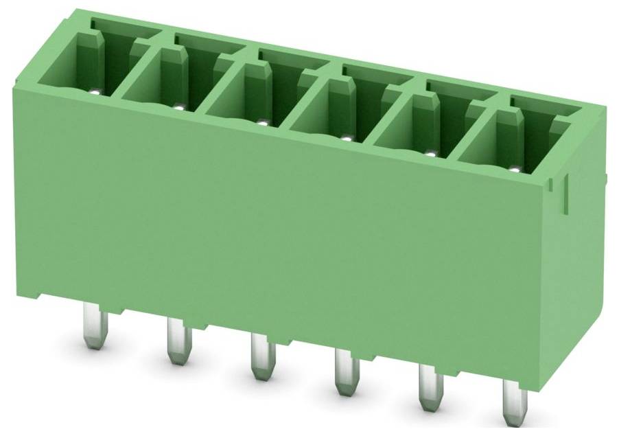 Ein grüner elektrischer Steckverbinder mit mehreren Schlitzen und Reihen von Metallstiften zum Befestigen von Drähten.