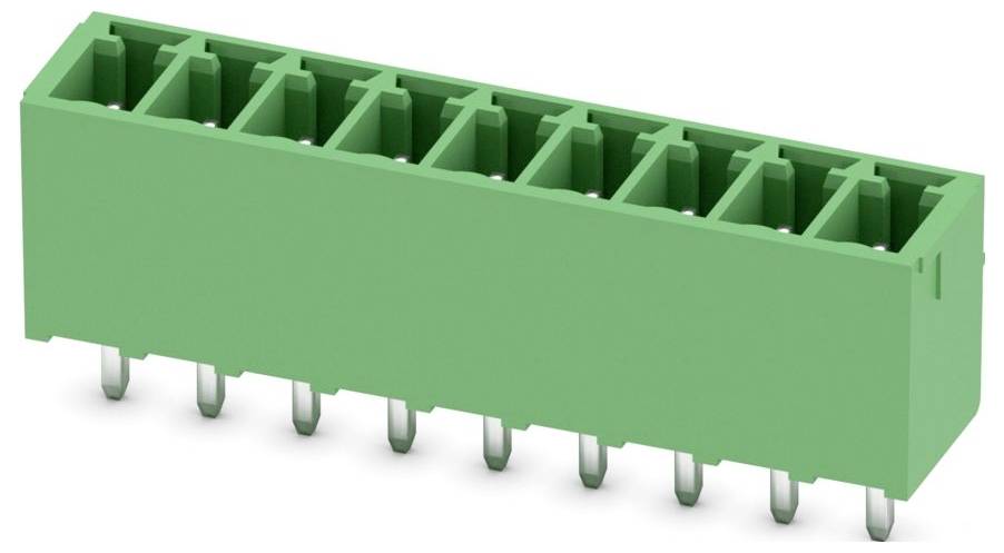 Ein grüner, rechteckiger elektronischer Stecker mit acht Schlitzen oben und acht Metallstiften unten zur Befestigung auf der Leiterplatte.