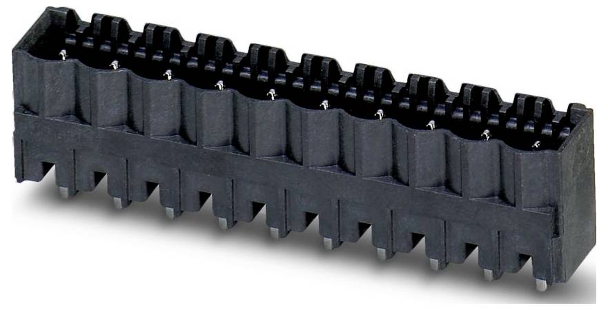 Ein schwarzer rechteckiger elektronischer Stecker mit mehreren Schlitzen, der dazu ausgelegt ist, mehrere Stifte zum Verbinden von Schaltungskomponenten aufzunehmen.