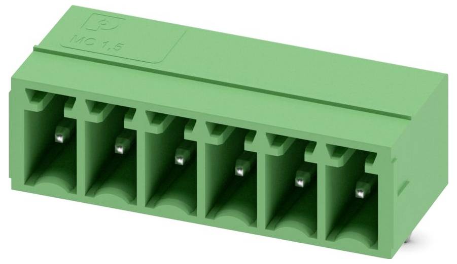 Ein grüner Elektrosteckverbinder mit sechs Öffnungen für die Drahteinführung und mit der Kennzeichnung 'MC 1,5'.