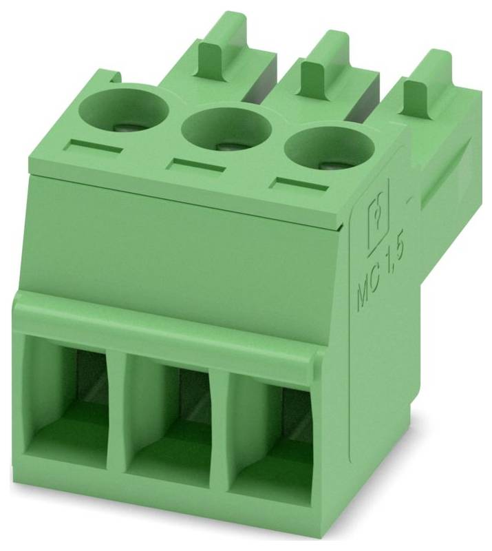 A green electrical connector designed for secure wiring connections, featuring three ports, labeled 'MC 1,5' on the side.