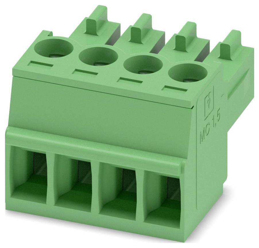 Ein grüner Klemmblock mit vier Anschllusspunkten, der für die elektrische Verdrahtung verwendet wird.